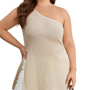 SHEIN Essnce Plus One Shoulder Split Hem Waffle Knit Top